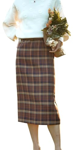 LAEMILIA Womens Plaid Pencil Skirt Fall Winter High Waisted Slit Straight Skirt Bodycon Below The Knee Length Tartan Midi Skirt Red