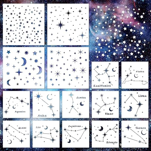 Keluna Stern-Mond-Schablonen zum Malen auf Holz, Wand, Leinwand, Möbel, 16 Stück, große wiederverwendbare Sternzeichen-Vorlagen für Heimdekoration