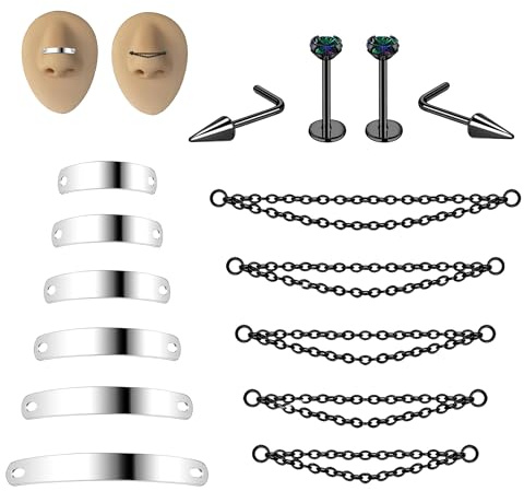 6ixGosh näskedja spik näsringar dubbar kirurgiskt stål över topp näsa piercing smycken näsborre kedja för kvinnor män dubbel näsa piercing näsborre bro smycken, svart silver, Rostfritt stål, Ingen