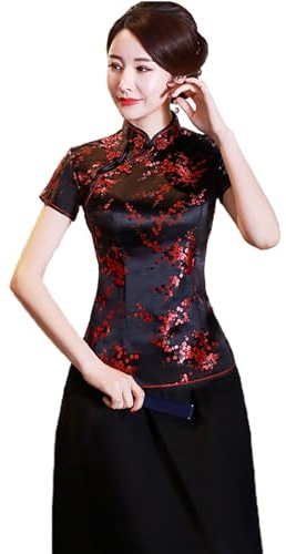 Fogcroll Haut Cheongsam pour femme, style chinois, col montant, boucles exquises, noir/rouge, XXL