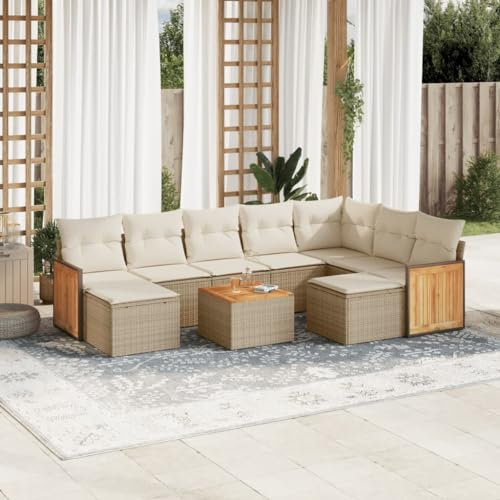 Rantry 10-TLG. Gartenmöbel Set mit Kissen Gartensofa Balkonmöbel Gartenlounge Balkonsofa Loungesofa Ecksofa Ecklounge Sitzgruppe mit Gartentisch Loungemöbel Beige Poly Rattan