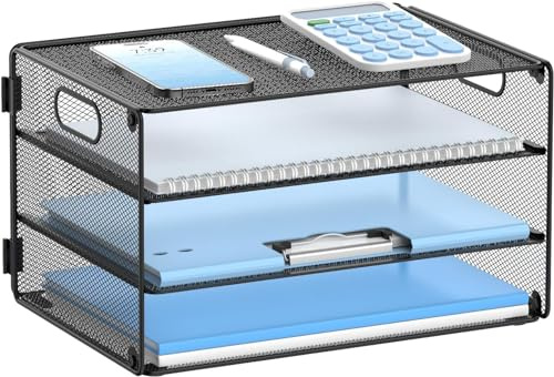 SUPTIDY Briefablage mit 3 Ebenen, Papier-Organizer mit Griff, Dokumentenablage, Schreibtisch-Organizer für Schule, Organizer Büro, Briefablage, Metallgitter, Schwarz