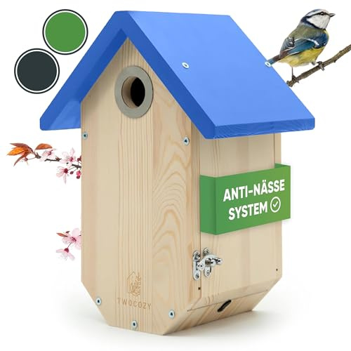 TWOCOZY Caja nido premium para carboneros | Kohlmeisen [PROTECCIÓN Y NESTSCHUTZ] resistente a la intemperie y atornillado | Dimensiones conforme a NABU | Pajarera para colgar para tetas – 32 mm (azul,
