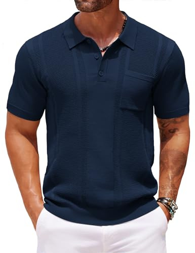 COOFANDY Polo Shirts for Men Shorts Sleeve Knit Polo Shirt Slim Fit Stretchy Golf Polo Shirts Fashion Collared Shirt Blue