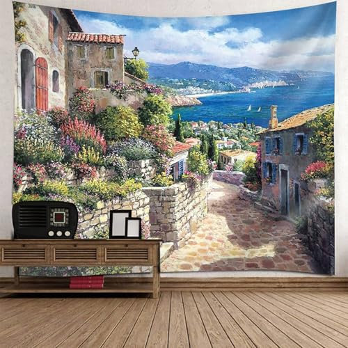 Mesnt Wandteppich Wandbehang Dekoration, 150x130cm Küstenstadtlandschaft Wandteppich für Schlafzimmer Wohnzimmer | Mehrfarbig