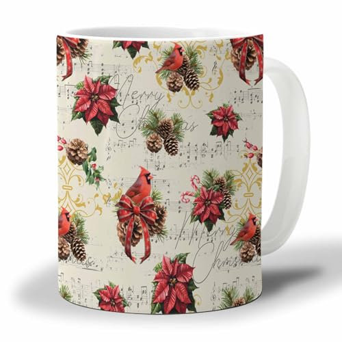 Oudrspo Rot-Grün-Gelbe Kaffeetasse, Weihnachts-Winter-Stechpalme, Weihnachtsstern, Tannenzapfen, Kardinal-Schleife, Teetasse für Frauen und Männer, Geschenke zum Muttertag, Abschlussgeschenk