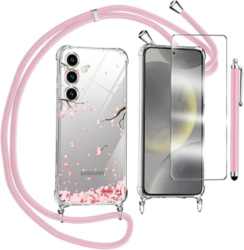 KJYLPO Coque pour Samsung Galaxy A36 avec Verre Trempé Protection écran Étui pour Téléphone Collier Transparente Bumper Lanyard Case Tour de Cou Chaîne Cordon Lanière Housse Etui - Rose