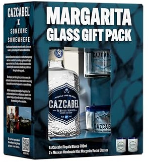 Cazcabel Blanco Tequila Premium Gift Set with Handmade Margarita Glasses, Premium Mexican Tequila for Cocktails & Gifting, 100% Blue Weber Agave, Additive Free, 38% ABV, 70 cl
