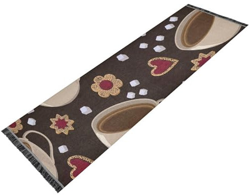 ZRWLUCKY Flurläufer, waschbar, rutschfest, Küchenläufer, Teppich, Quasten-Teppich, Läufer für Badezimmer, Wäsche, Heimdekoration, Tassen, Kaffee, Kekse, Zucker