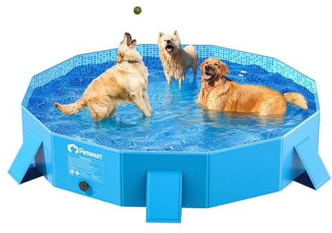 Peteast Piscina plegable para perros con soporte lateral estable, carcasa de plástico duro, piscina portátil para perros, piscina plegable para mascotas y niños, 64 pulgadas