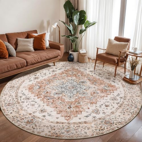 Ciicool Boho-Teppich, waschbar, 1,8 x 1,8 m, rund, Schlafzimmerteppich, rutschfest, orientalisch, niedriger Flor, Bodenteppich für Esszimmer, Wohnzimmer (Vintage-Creme/Ziegelstein)