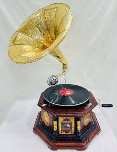 Réplica de gramófono de aspecto antiguo, base de madera con tallas florales, altavoz de cuerno dorado (gramófono estilo estatal nativo (35,5 x 35,5 x 17,5 cm)