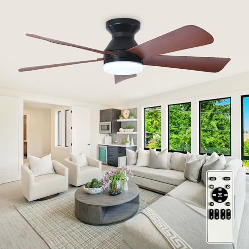 Depuley Ventilador de techo moderno con luz: Ventiladores pequeños negros de 42 pulgadas para dormitorio - Ventiladores de techo empotrables regulables con mando a distancia 5 aspas de nogal invertido