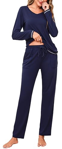 Litherday Pigiama Donna Cotone Invernale 2 Pezzi - Set da Notte Morbido con Collo a V, Pantaloni con Tasche - Pigiama Leggero e Comodo per Casa Blu Scuro S