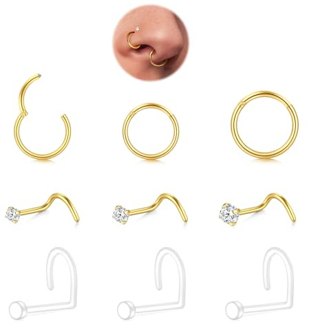 LAURITAMI 9 Pezzi 316L Piercing Naso Oro, 20G Acciaio Chirurgico & Trasparente Piercing Naso,Cerchio 6 mm 8 mm 10 mm,Gioielli per Nasale Trago Cartilagine Orecchini Labbro Donna Uomo
