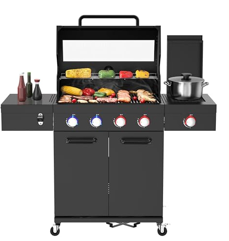 El Fuego® Gasgrill KINGSTON NOCTURNE | 4 + 1 Brenner | Infrarotbrenner | inkl. 2 Hochleistungsbrenner | LED-Beleuchtung | mit Sichtfenster | Brenner Edelstahl | mit Abdeckhaube | AY 5051 (Schwarz)