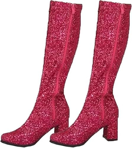 Womens 60s 70s Retro GoGo Boots Knee High Glitter Heel Fancy Dress Party Shoes UK 3-8 (Fuchsia Glitter, UK Footwear Size System, Adult, Women, Numeric, Medium, 6)