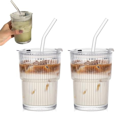 Lunpog Paquete de 2 vasos de vidrio de 400 ml con tapa y popote, vasos de vidrio acanalado para café helado con cepillo para popote, vaso transparente a prueba de fugas para batidos, café con leche