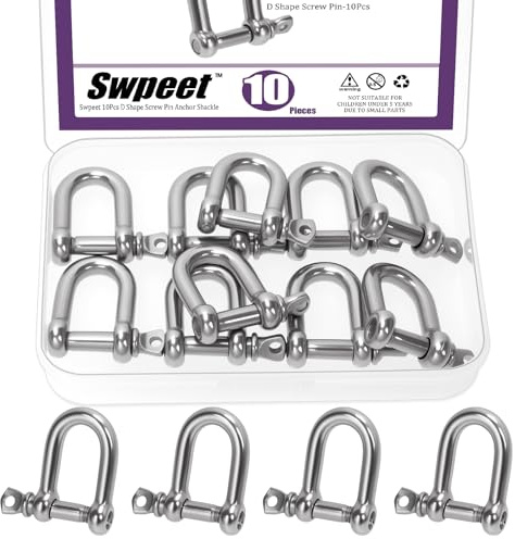 Swpeet 10Pcs M6 1/4 304 Stainless Steel D Shape Shackle Assortment Kit, D Shaped Bow Shackles, Heavy Duty Marine Grade D Shackles, Screw Pin Shackle for Paracord Jewelry, Outdoor Camping