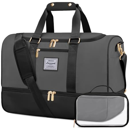 LOVEVOOK Resväska dam, weekender Travel Duffle Carry On Bag med toalettväska, skofack och våtfack, vattentät sportväska gym yoga väska, handbagage, väska för sport semester flygplan, Mörkgrå-svart, L