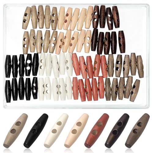 Mardatt 70 Stück 40mm Holzknöpfe Oval, 7 Farben Knebelknöpfe Horn Knebelknopfverschluss Holz Knöpfe Holzknopf Zubehör, Toggle Buttons für Kleidung Nähen DIY Projekte