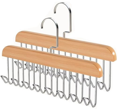 Belt Hanger for Wardrobe, 2 Pack Belt Hanger Wooden, Belt Rack with 8 Hooks,360 Degree Rotating Tie Hanger, Space Saving Belt Holder, Cabinet Organiser, Storage for Scarves, Ties, Belts (Wood)