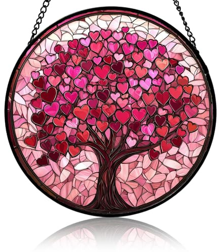 Stained Glass Suncatcher Tree of Life Ornament, Sun Catchers for Windows Heart Tree Design Pink Glass Hanging, Tree of Life Suncatcher Decor Gift for Women Home Garden