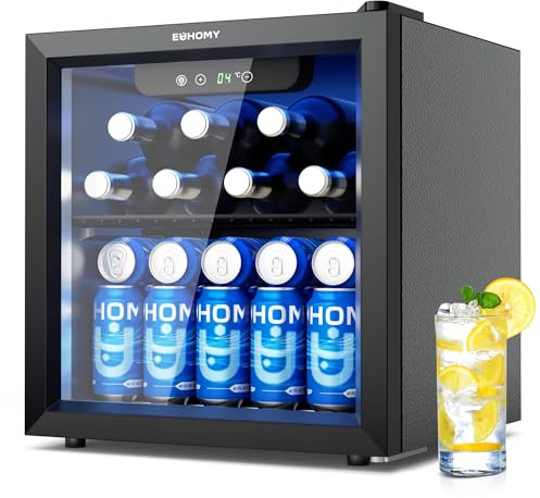 EUHOMY Beer Fridge with Glass Door, 55 Can Mini Drinks Fridge, Wine Fridge with Blue LED, Beverage Refrigerators, Removable Shelves for Bar/Home/Office/Dorm, Black, 36 L [Energy Class G]