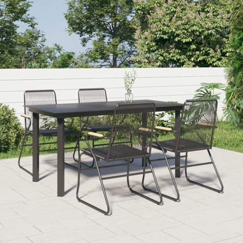 GeenYuu 5-TLG Garten-Essgruppe Schwarz PVC Rattan mit Metallgestell, 150x80x74 cm Tisch, 4 Stühle mit Armlehnen, wetterfestes Gartenmöbel Set für Terrasse, Balkon, Outdoor, pflegeleicht, stapelbar