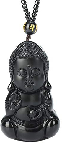 Baby-Buddha-Anhänger, Halskette aus natur-schwarzem Obsidian, Avalokiteshvara