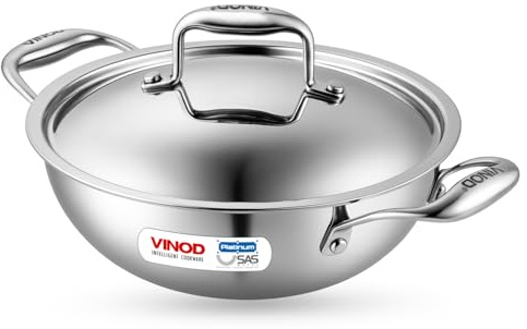 Vinod Platinum Triply Stainless Steel Kadai with Lid – 3.7L, 28 cm | 3 Layer SS Cookware Wok | Deep Cooking Pot for Sauteing & Curries | Gas & Induction Friendly | Heavy Bottom | Sturdy Handles