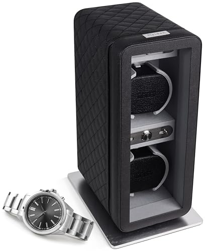 Heiden Monaco Double Watch Winder in Black Leather - Battery Powered or AC Adapter, 12 Program Settings, Diamond Stitched Vegan Leather, Soft Linen Interior, Large Interior Space for Large Watches