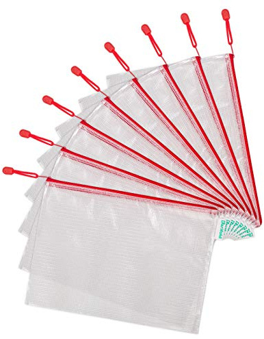 Djois, 509003 – Zip-Taschen A4, Verstärktes PVC, Langlebig, 8 Stück, Rot | Verstärktes PVC, Metallreißverschluss, Transparent, für Dokumente, Zubehör, Reise, Büro und Schule
