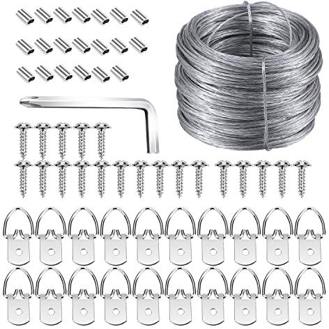 Picture Hanging Kit, Listenman D Ring Picture Hangers with Screws, Picture Hanging Wire(100 Feet) and Aluminum Sleeves, Supports up to 30 lb, Included Screwdriver