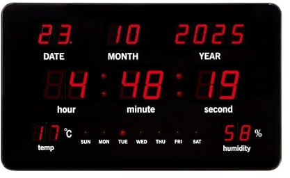 Perel Digitale Wanduhr schwarz, großes LED-Display 37.5x25.5cm, rote LEDs, Digitale Uhr mit Kalender, Zeit, Datum, Temperatur und Feuchtigkeit, Thermometer und Hygrometer, für Büro, Werkstatt und