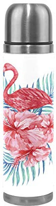 BKEOY Mug de voyage isotherme en acier inoxydable à double paroi anti-fuite Bouteille Rose Flamant Hibiscus Imprimé personnalisé en cuir véritable 500 ml