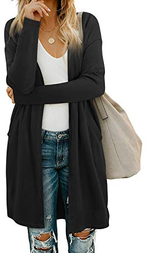 OUGES Women's 2026 Fall Fashion Winter Black Open Front Long Sleeve Lightweight Sweater Cardigan Shirt Clothing with Pockets(Black,S)