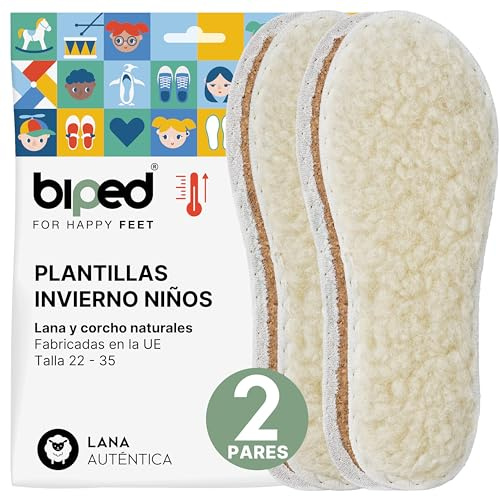 biped 2 par vinterinnersulor för barn av fårull och äkta kork - Värmande sulor med sydd kant z2765(33)