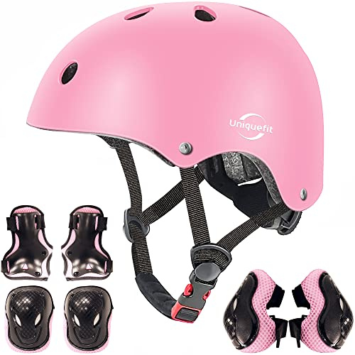 casco regolabile per bambini e set di protezioni ginocchiere gomitiere polsiere (pink, M(8-13 Years Old))