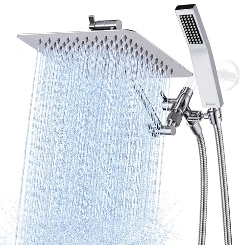 G-Promise All Metal 8 Inch Dual Square Shower Head with Handheld Spray Combo, Rain Shower Head, Adjustable Extension Arm, Smooth 3-Way Diverter, 71 Inch Extra Long Hose - A Bathroom Upgrade (Chrome)