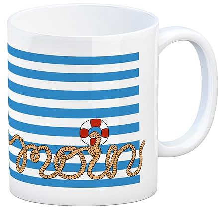Kaffeebecher mit Moin-Schriftzug und Rettungsring weiß blauer Hintergrund Dekoration Maritim Geschenkidee Moin Tasse mit Seil Tau Seemann Geschenk Friesland