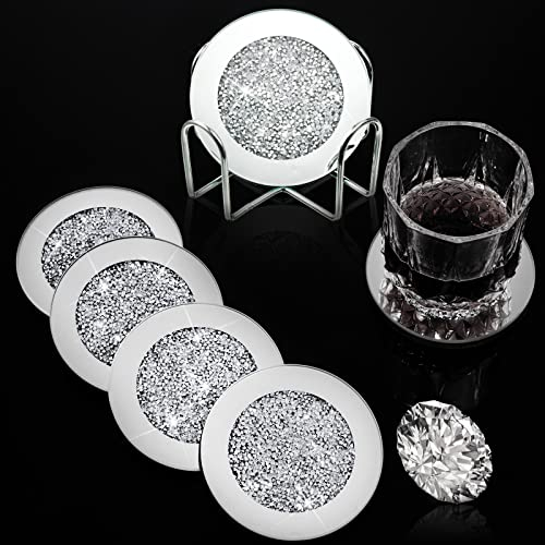 7-teiliges Glas-Untersetzer-Set, 6 Stück Silberne zerkleinerte Kristall-Untersetzer mit Halter für Getränke, Glitzer, zerkleinerte Diamant-Dekoration auf Tischplatte für Zuhause, Tisch, Bar-Zubehör