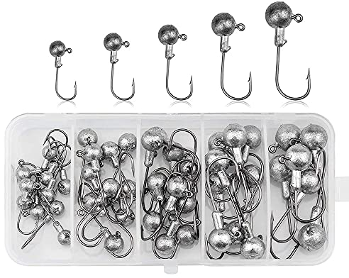 yufana 45 Stück Jighaken mit Round Jighead,Fishing Premium Offset Haken Set Bleikopf-Angelhaken Set mit verschieden Größe 2g 3.5g 5g 7g 10g