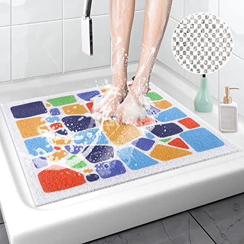Square Shower Mat Non Slip Anti Mould, 60 x 60 cm Loofah Shower Mats for Inside Shower, Soft PVC Square Bath Mat with Drain for Elderly, Washable Shower Mat for Bathroom Wet Shower Areas, Quick Dry
