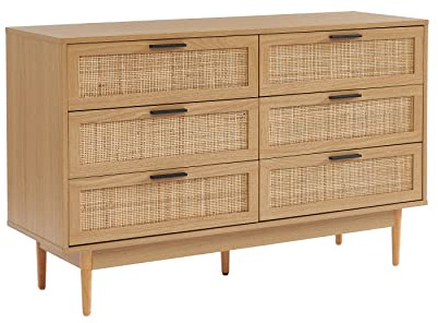 BAÏTA Kommode Amana Eichenoptik Rattan 6 Schubladen, Buchenholz