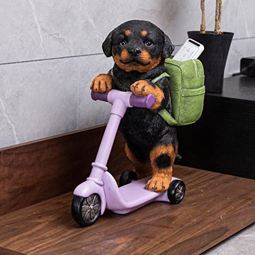 Hundedekorations-Hundelampe, Gartenhundestatue, Hundereit-Scooter-Figur mit Rucksack, Fernbedienungs-Organizer-Box/Sukkulententopf, für drinnen und draußen, Rottweiler
