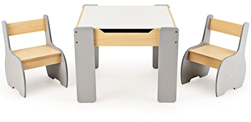 DREAMADE Kindertisch mit 2 Stühlen aus Holz, 3tlg. Kindersitzgruppe mit doppelseitige Tischplatte und Stauraum, Kinder Tisch Stuhl Set, Kindermöbel Set für Jungen und Mädchen (Grau)