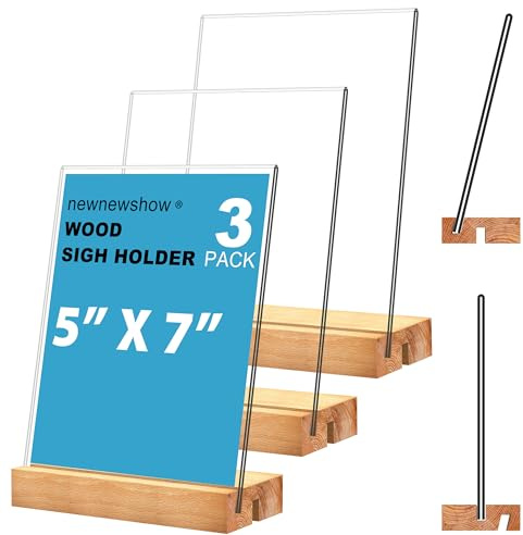 newnewshow 5x7 Acrylic Sign Holder with Wood Base Wood Sign Holder Vertical or Slant Back Display for Store Office (5x7 L/T)