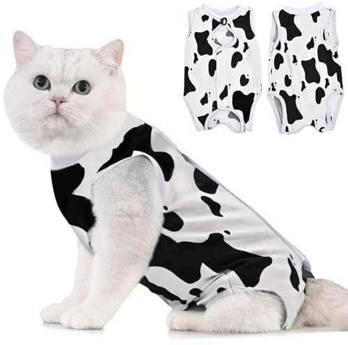 Avont Cat Recovery Suit Post Surgery, Elizabethan Collar & Cone Alternative, Kitten Onesie Pet Surgical Spay Shirt for Abdominal Wounds or Skin Diseases -Cow Print (M)