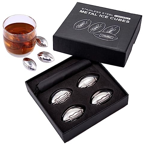 CHSEEO 4 Pièces Pierres à Whisky Reutilisable Glaçons Football, Acier Inoxydable Ice Cubes Cadeau pour Homme, Papa, Mari, Pères, Son Copain, Pierres Refroidissement pour Vin, Cocktail, jus Boisson